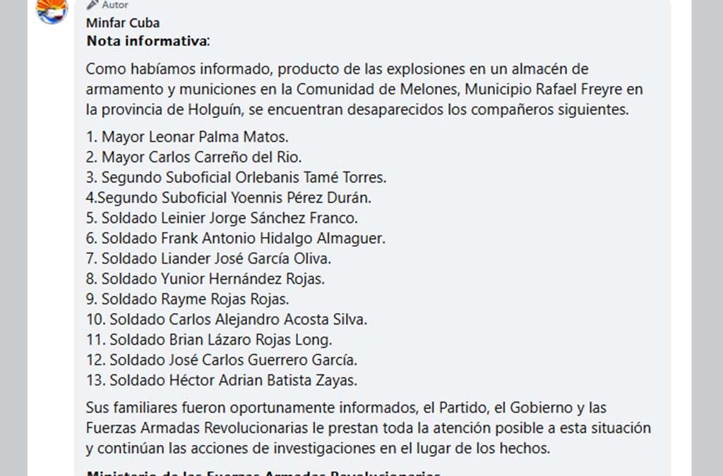 Desaparecidos 13 militares tras explosión en Cuba